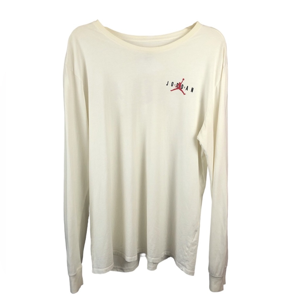 SHIRT - Men's Jordan White Long Sleeve T-Shirt With Red Jumpman Logo. Size Large